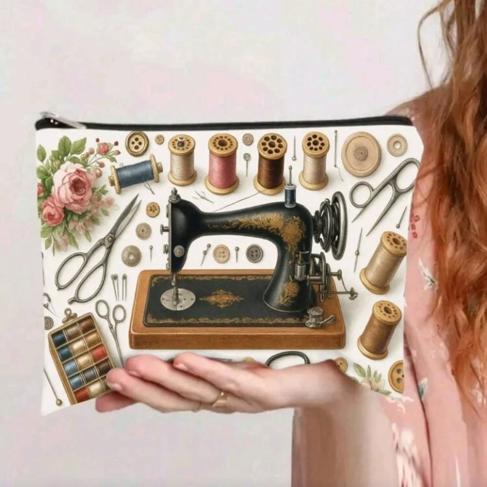 Vintage Sewing Machine Print Cosmetic Pouch Off White